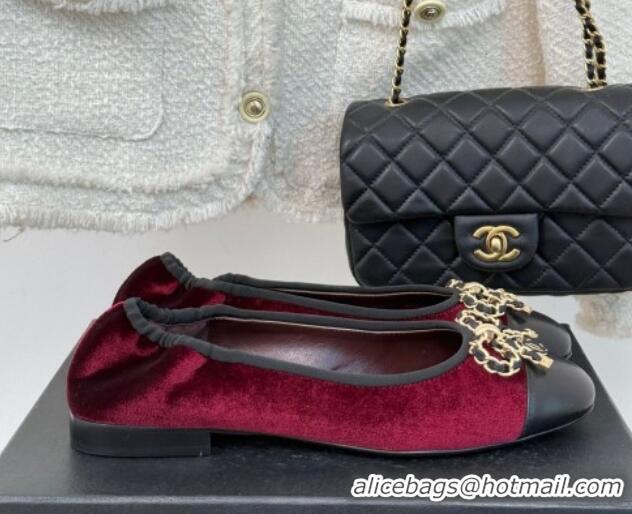 Best Grade Chanel Velvet Ballet Flats with Chain Bow Dark Burgundy 0102107