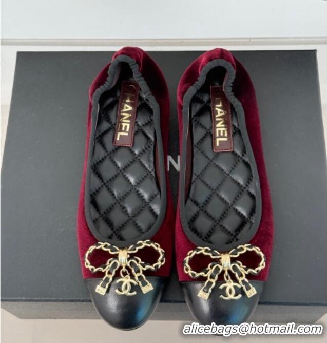 Best Grade Chanel Velvet Ballet Flats with Chain Bow Dark Burgundy 0102107