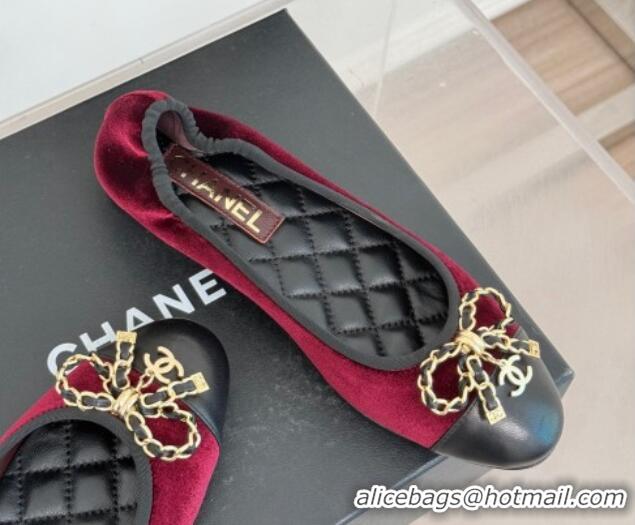 Best Grade Chanel Velvet Ballet Flats with Chain Bow Dark Burgundy 0102107