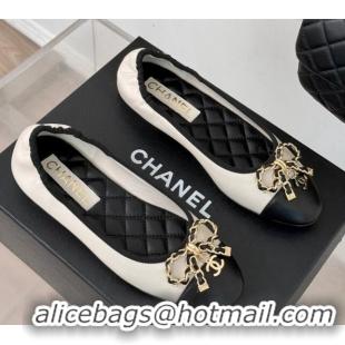 Top Grade Chanel Lambskin Ballet Flats with Chain Bow White 0102108