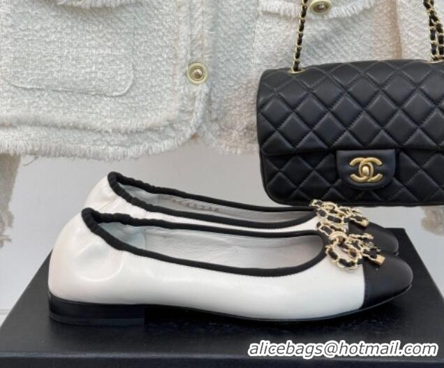 Top Grade Chanel Lambskin Ballet Flats with Chain Bow White 0102108