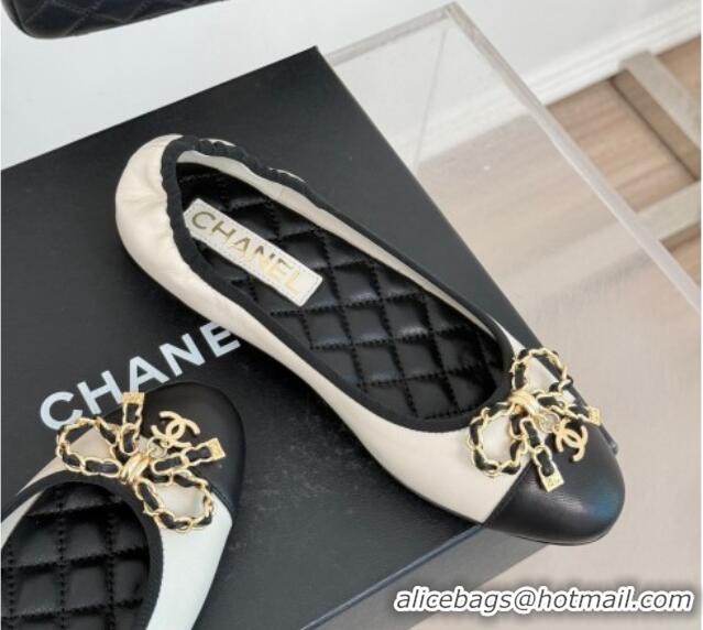 Top Grade Chanel Lambskin Ballet Flats with Chain Bow White 0102108