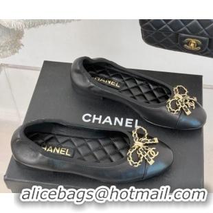 Pretty Style Chanel Lambskin Ballet Flats with Chain Bow Black 0102109