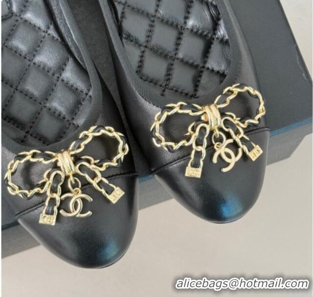 Pretty Style Chanel Lambskin Ballet Flats with Chain Bow Black 0102109