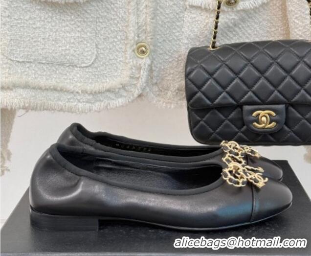 Pretty Style Chanel Lambskin Ballet Flats with Chain Bow Black 0102109