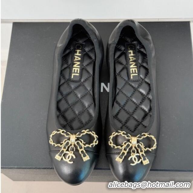 Pretty Style Chanel Lambskin Ballet Flats with Chain Bow Black 0102109