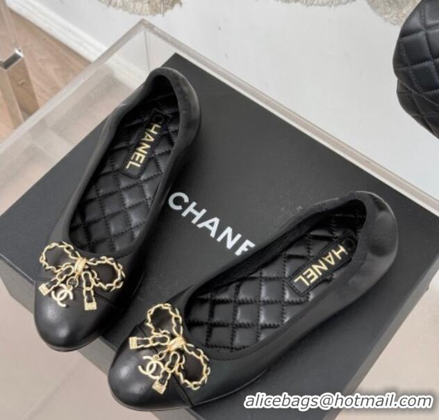 Pretty Style Chanel Lambskin Ballet Flats with Chain Bow Black 0102109