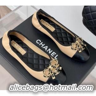 Popular Style Chanel Lambskin Ballet Flats with Chain Bow Beige 0102110