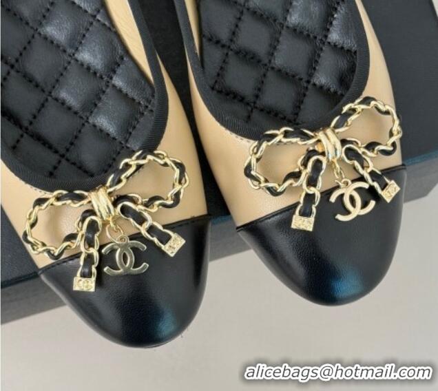 Popular Style Chanel Lambskin Ballet Flats with Chain Bow Beige 0102110