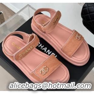 Good Quality Chanel Haircalf-Like Strap Flat Sandals Pink 0102115