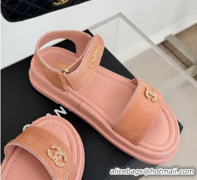 Good Quality Chanel Haircalf-Like Strap Flat Sandals Pink 0102115