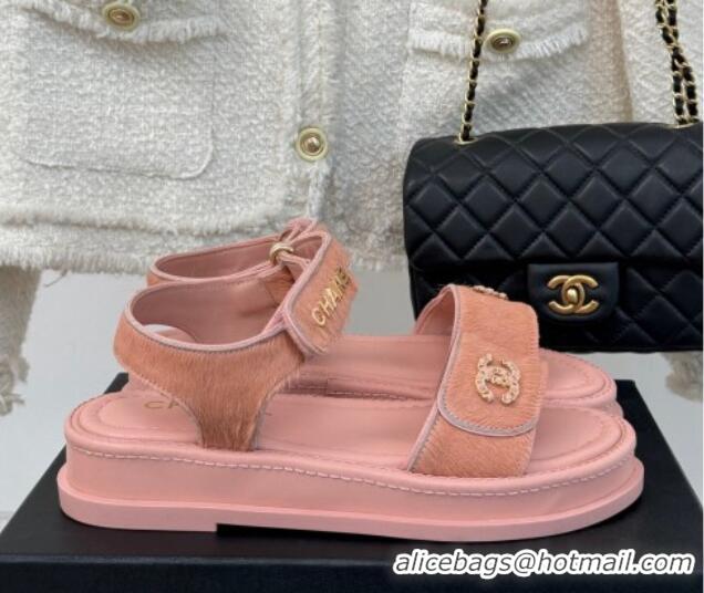 Good Quality Chanel Haircalf-Like Strap Flat Sandals Pink 0102115