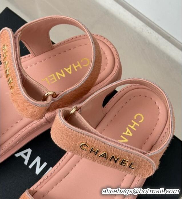 Good Quality Chanel Haircalf-Like Strap Flat Sandals Pink 0102115