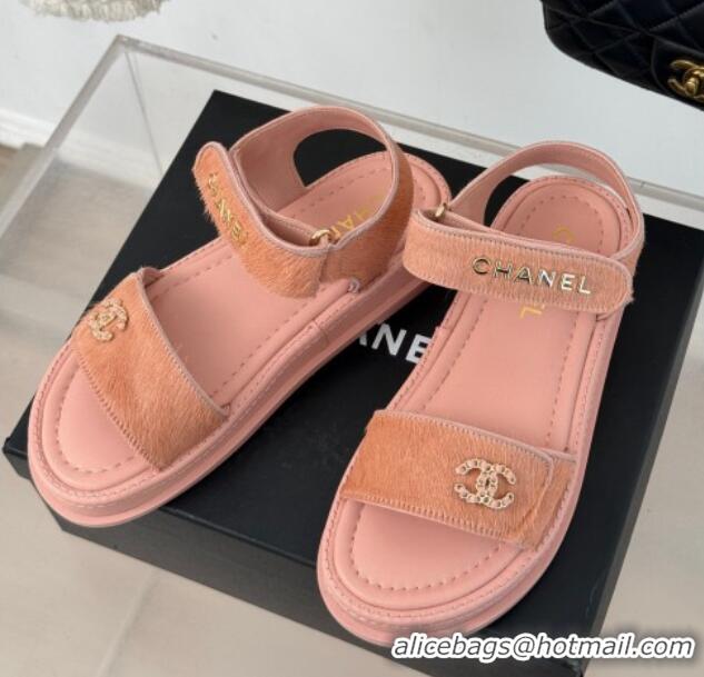 Good Quality Chanel Haircalf-Like Strap Flat Sandals Pink 0102115