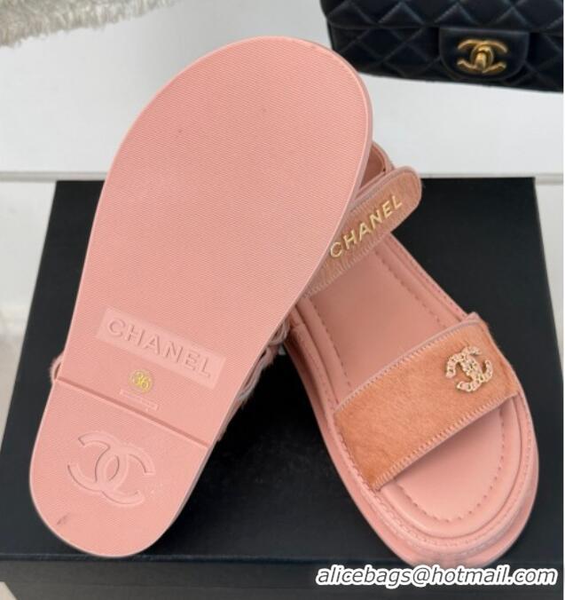 Good Quality Chanel Haircalf-Like Strap Flat Sandals Pink 0102115