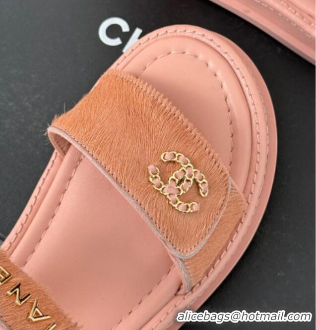 Good Quality Chanel Haircalf-Like Strap Flat Sandals Pink 0102115