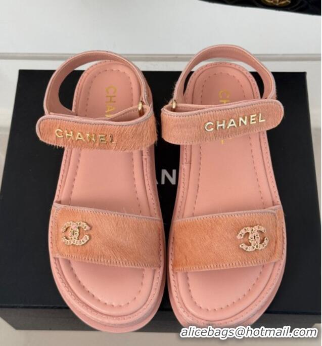 Good Quality Chanel Haircalf-Like Strap Flat Sandals Pink 0102115