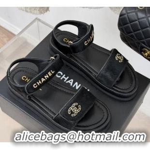 Best Grade Chanel Haircalf-Like Strap Flat Sandals Black 0102116