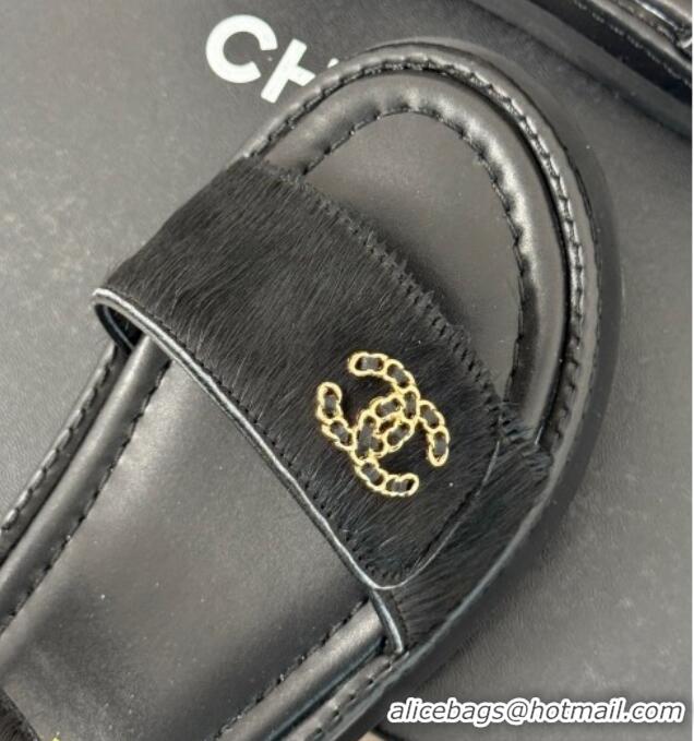 Best Grade Chanel Haircalf-Like Strap Flat Sandals Black 0102116