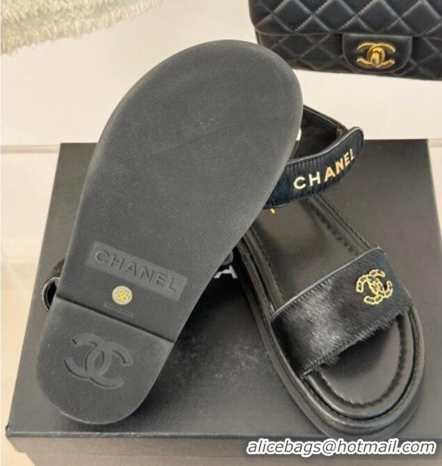 Best Grade Chanel Haircalf-Like Strap Flat Sandals Black 0102116