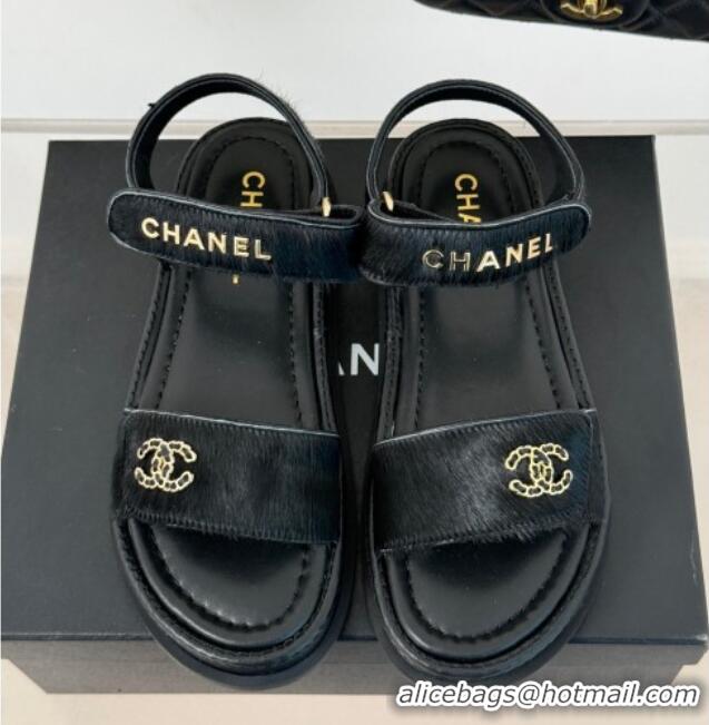 Best Grade Chanel Haircalf-Like Strap Flat Sandals Black 0102116