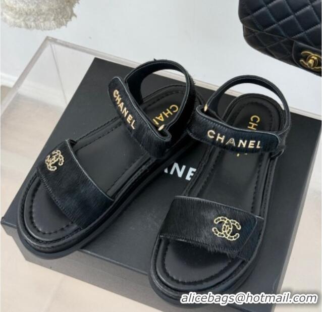 Best Grade Chanel Haircalf-Like Strap Flat Sandals Black 0102116