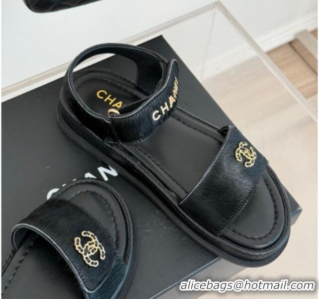 Best Grade Chanel Haircalf-Like Strap Flat Sandals Black 0102116