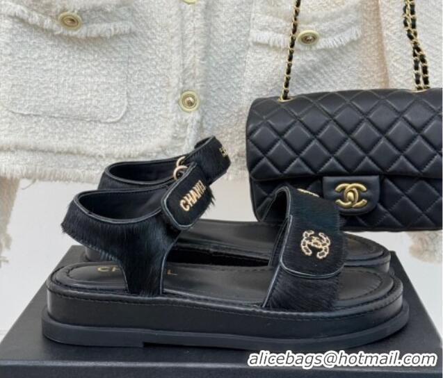 Best Grade Chanel Haircalf-Like Strap Flat Sandals Black 0102116