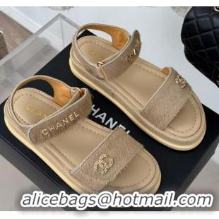 Good Looking Chanel Haircalf-Like Strap Flat Sandals Beige 0102117