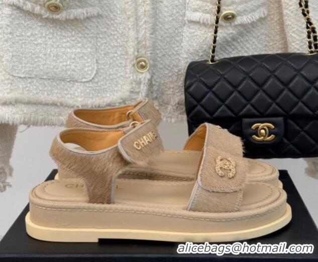 Good Looking Chanel Haircalf-Like Strap Flat Sandals Beige 0102117