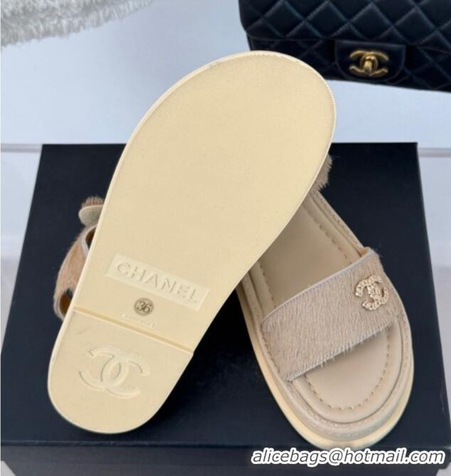 Good Looking Chanel Haircalf-Like Strap Flat Sandals Beige 0102117