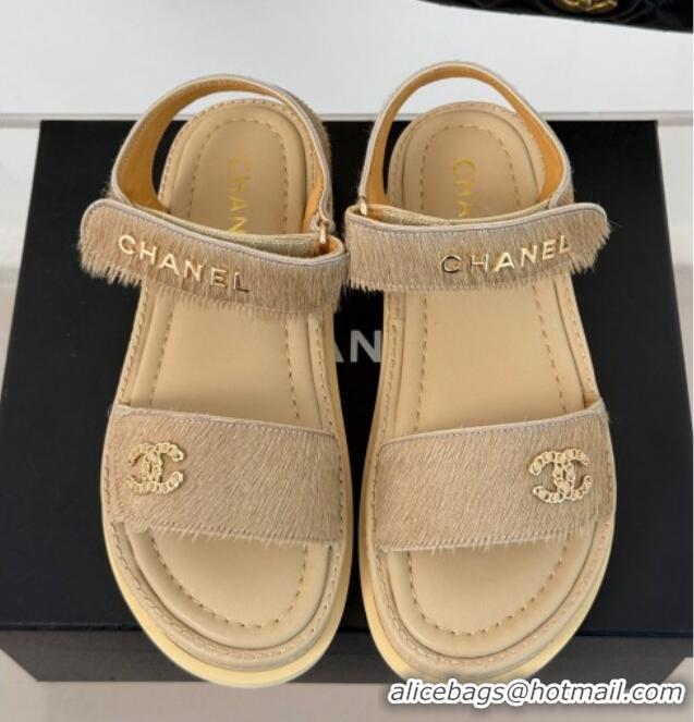 Good Looking Chanel Haircalf-Like Strap Flat Sandals Beige 0102117