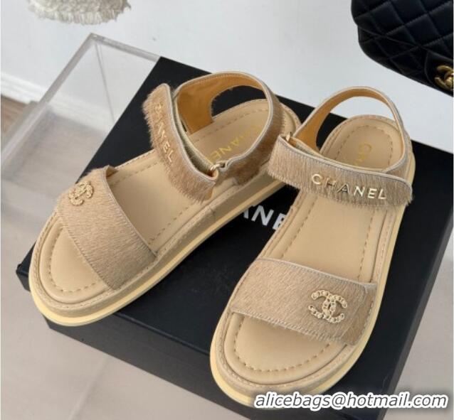 Good Looking Chanel Haircalf-Like Strap Flat Sandals Beige 0102117