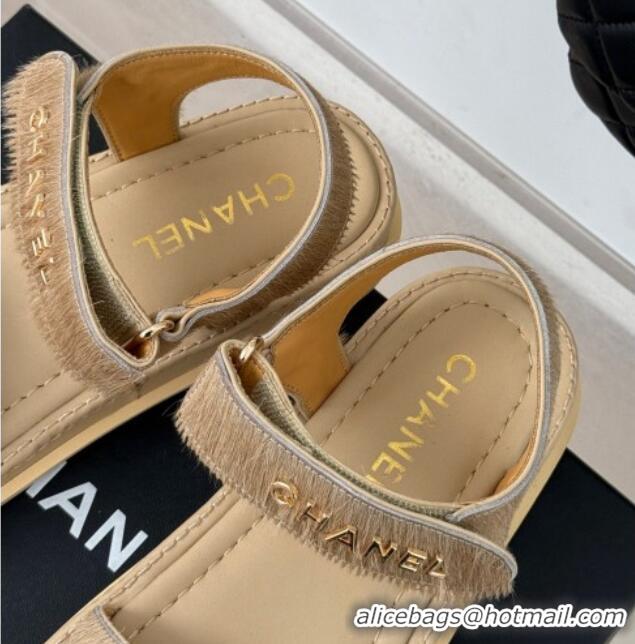 Good Looking Chanel Haircalf-Like Strap Flat Sandals Beige 0102117