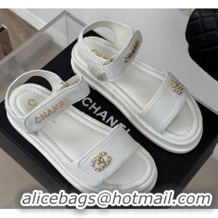 Top Design Chanel Haircalf-Like Strap Flat Sandals White 0102118