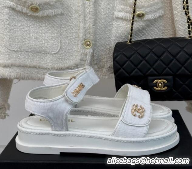 Top Design Chanel Haircalf-Like Strap Flat Sandals White 0102118