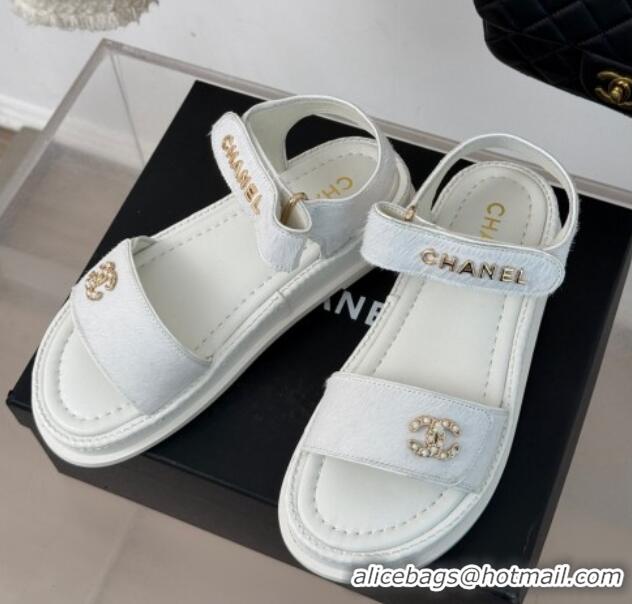 Top Design Chanel Haircalf-Like Strap Flat Sandals White 0102118