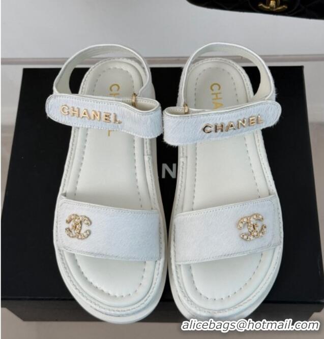 Top Design Chanel Haircalf-Like Strap Flat Sandals White 0102118