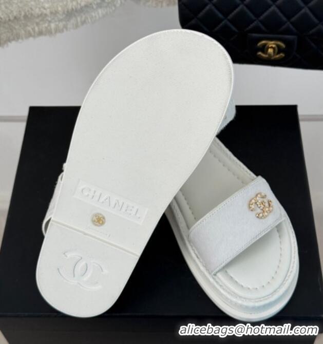 Top Design Chanel Haircalf-Like Strap Flat Sandals White 0102118