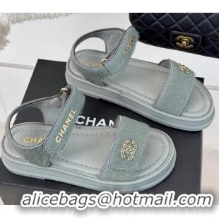 Good Quality Chanel Haircalf-Like Strap Flat Sandals Grey 0102119