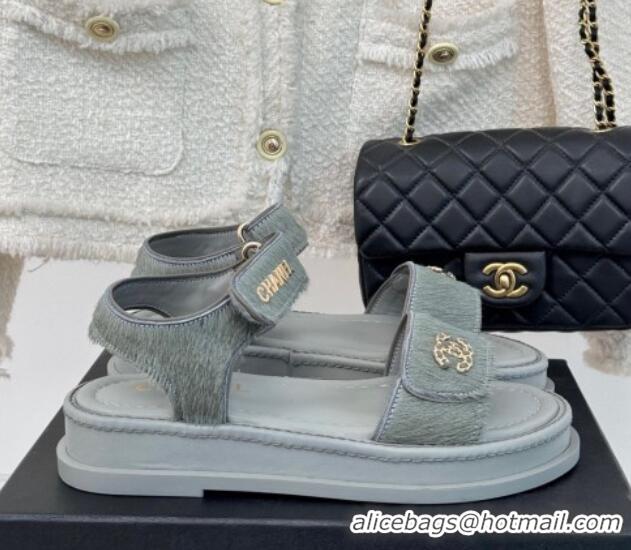 Good Quality Chanel Haircalf-Like Strap Flat Sandals Grey 0102119