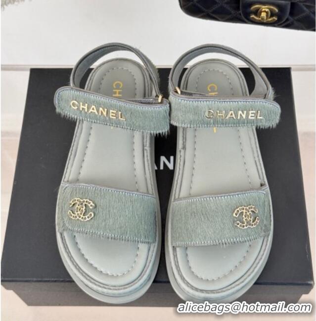 Good Quality Chanel Haircalf-Like Strap Flat Sandals Grey 0102119