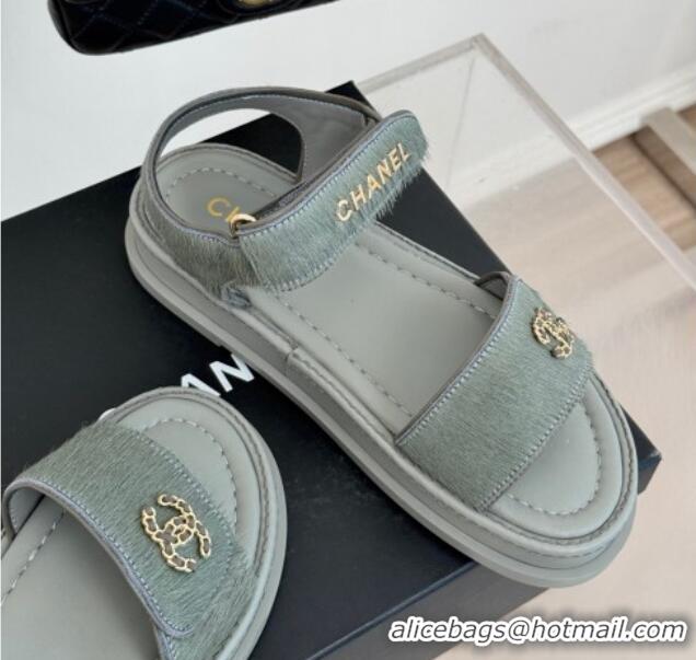 Good Quality Chanel Haircalf-Like Strap Flat Sandals Grey 0102119