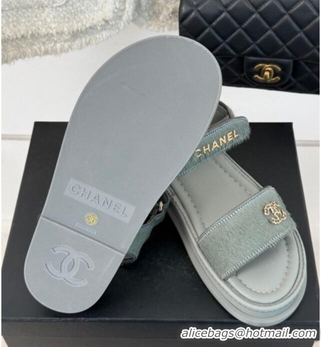 Good Quality Chanel Haircalf-Like Strap Flat Sandals Grey 0102119