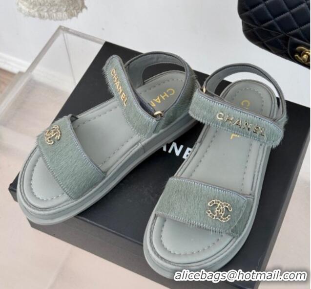 Good Quality Chanel Haircalf-Like Strap Flat Sandals Grey 0102119