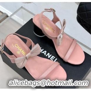 Pretty Style Chanel Lambskin Heel Sandals 5cm with Bow Pink 0102121