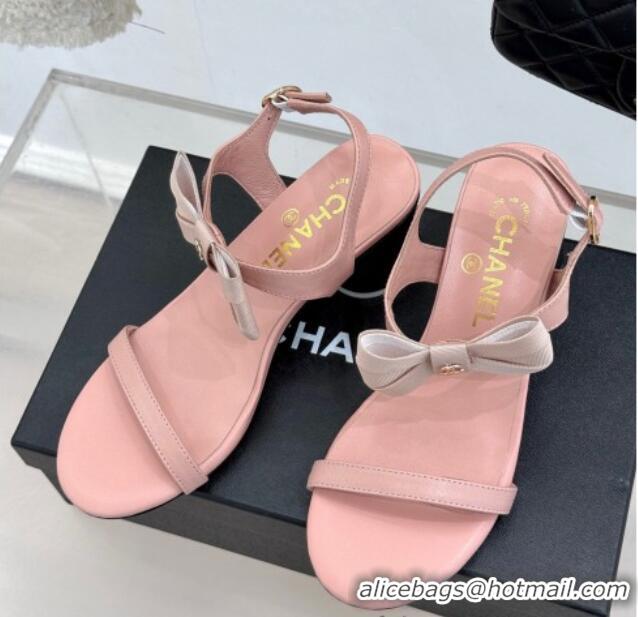 Pretty Style Chanel Lambskin Heel Sandals 5cm with Bow Pink 0102121