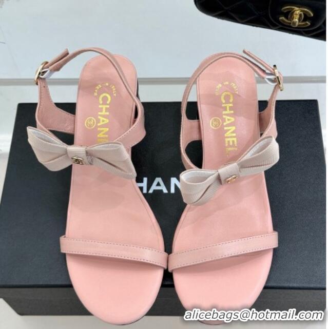 Pretty Style Chanel Lambskin Heel Sandals 5cm with Bow Pink 0102121