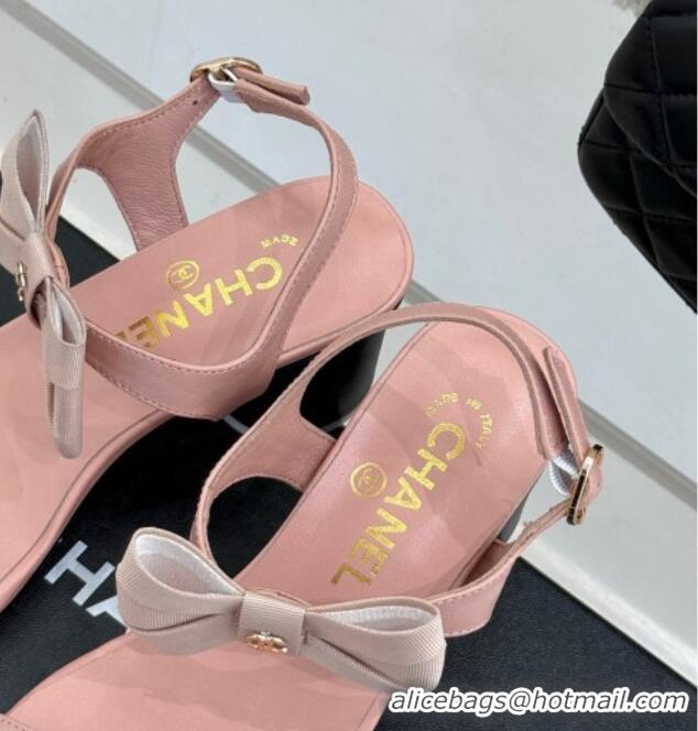 Pretty Style Chanel Lambskin Heel Sandals 5cm with Bow Pink 0102121