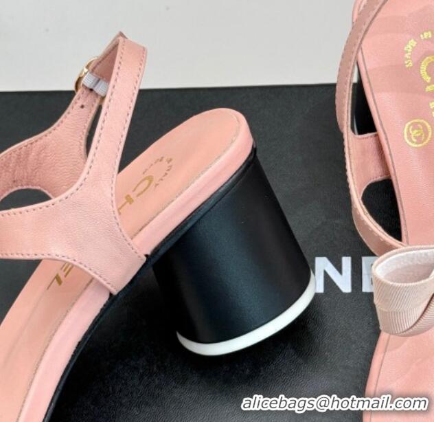 Pretty Style Chanel Lambskin Heel Sandals 5cm with Bow Pink 0102121